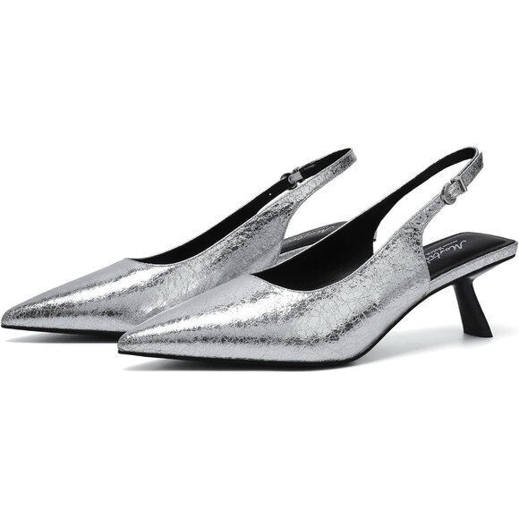 Mostrin Kitten Heel Silver Sh Faux Leather Low Slingback Heels with Buckle - Picture 9 of 9
